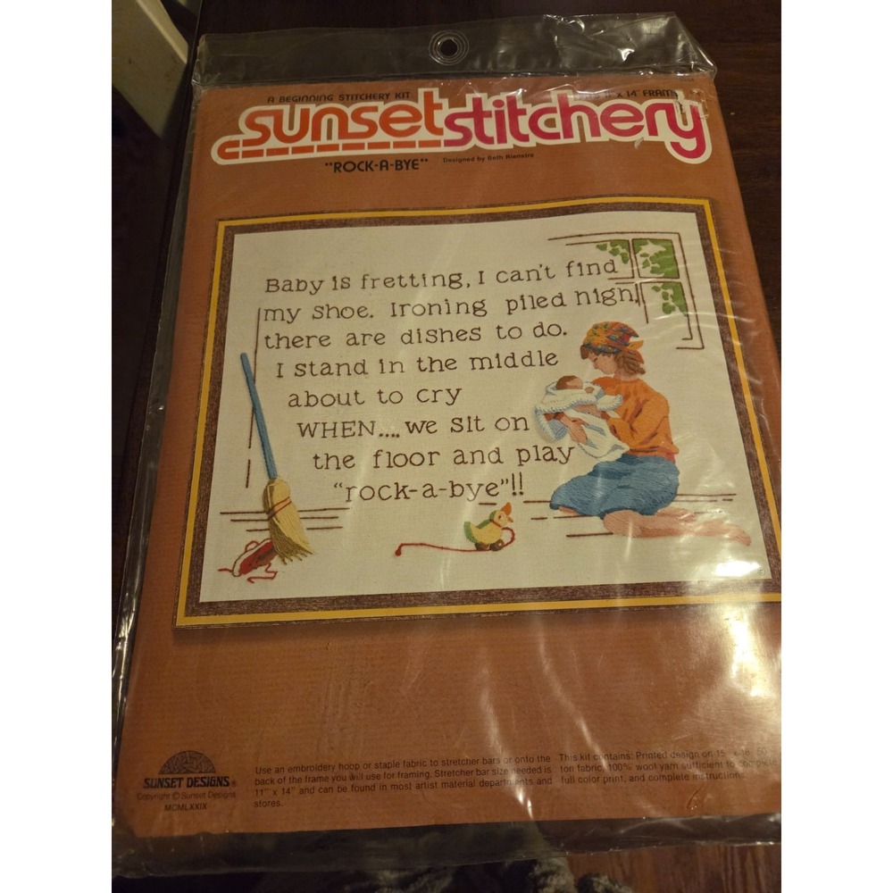 1970 vintage stitchery kit titled rock a bye, Baby, Nursery, Cottagecore Granny